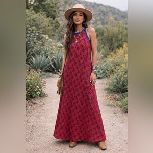 Lanz Original Vintage Cottagecore Prairie Maxi Dress Red Floral 70s A-Line S/M